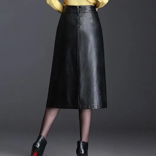 Женские офисные юбки с высокой талией Элегантные зимние кожаные размера плюс