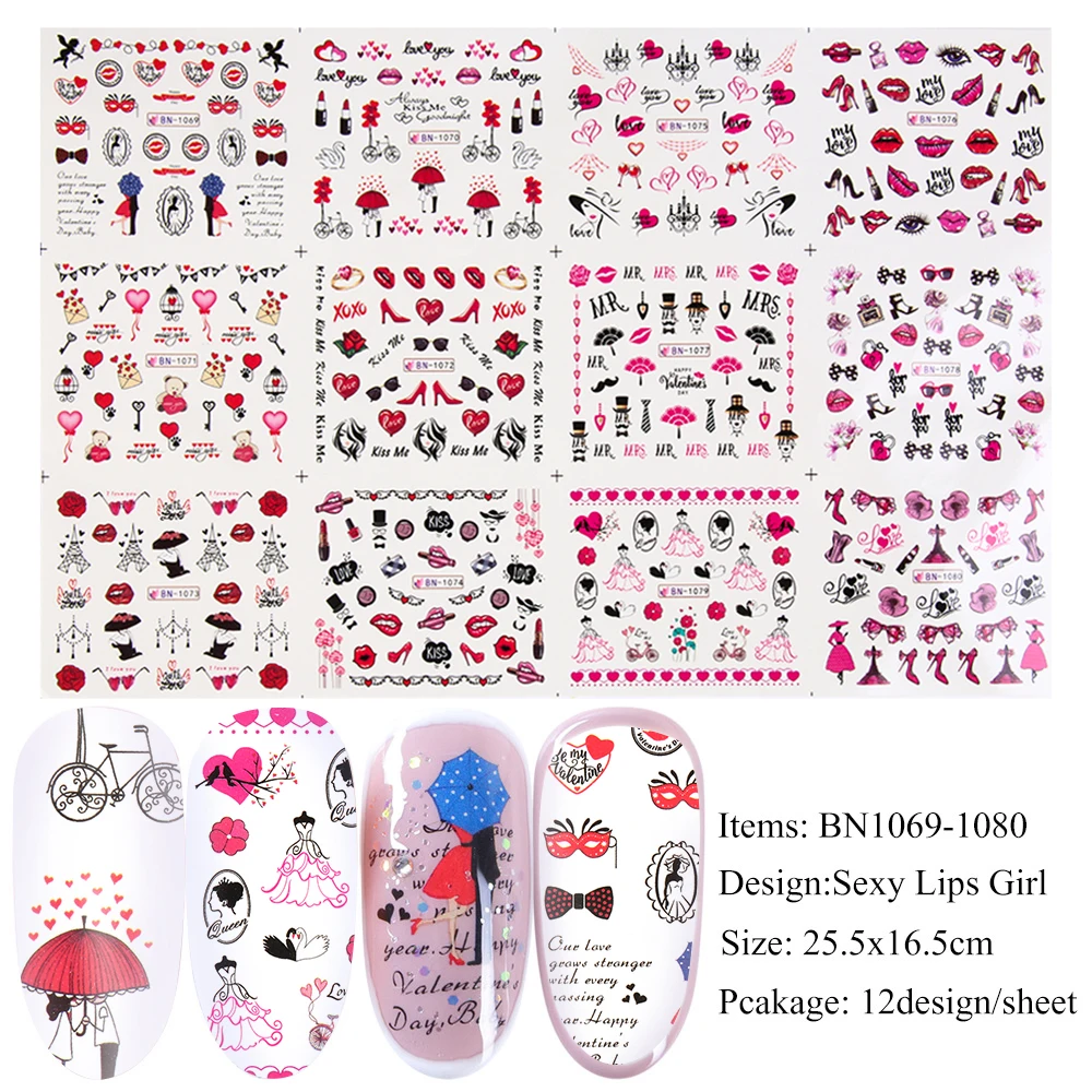

1 Sheet Valentine's Series Water Decals Nail Sticker Transfer Decals Mixed Patterns Nail Art DIY Design Decoration Stiker Ongle