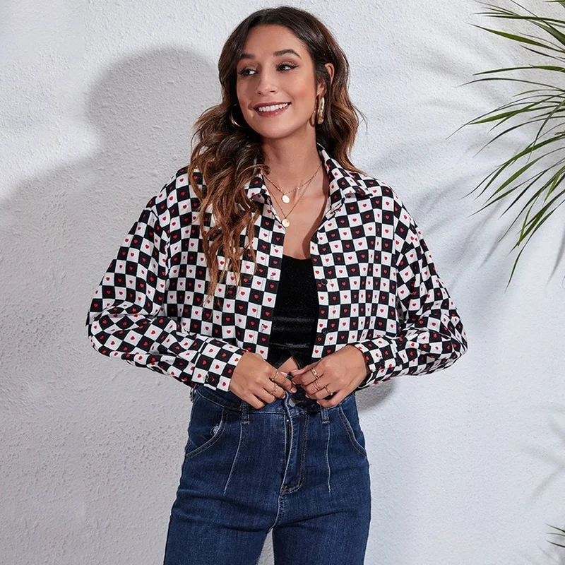 

New Women's Jacket Personalized Love Chessboard Plaid Front Short Back Long Sleeve Short Shirt Women's Mosaic Thin Coat