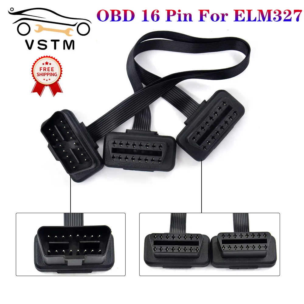 

Newest Flat+Thin 16Pin OBD 2 Extender OBD2 16 Pin ELM327 Male To Dual Female Y Splitter Elbow OBDII Extension Connector Cable