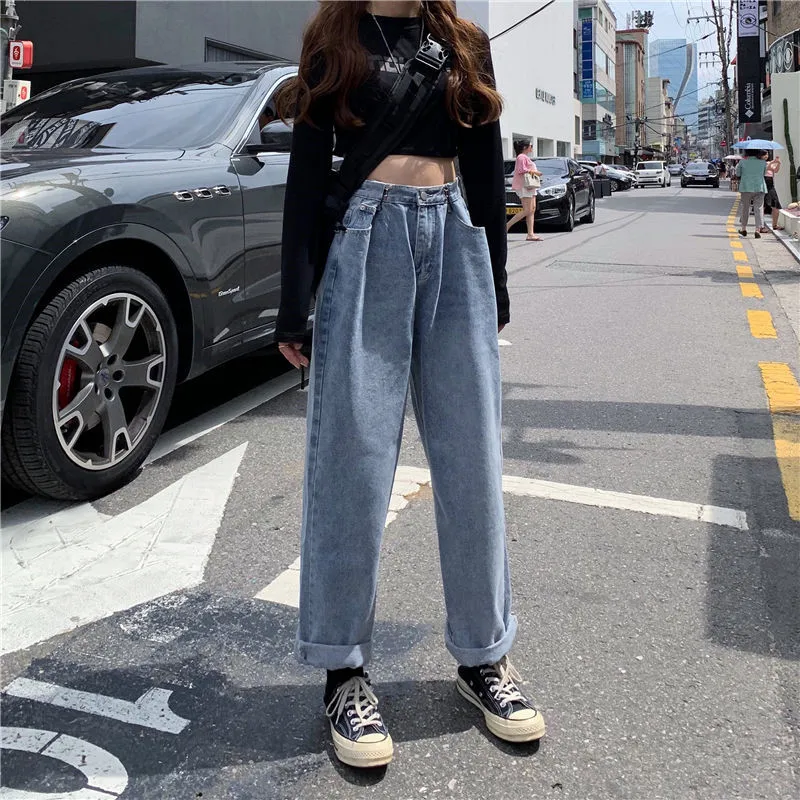 Свободные винтажные женские длинные джинсы 2019 осенние отбеленные повседневные