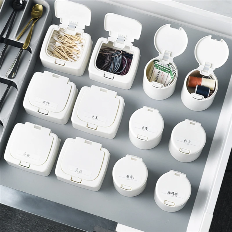 

Универсальный пластиковый ящик для хранения, белая кнопка с крышкой для дома, ювелирные изделия, зубная нить, ватный тампон, органайзер, кон...