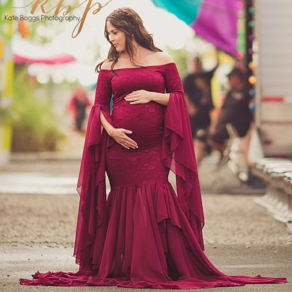 Костюм платье с кружевом для беременных женщин одежда длинными рукавами длинное