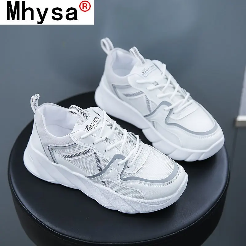 

2021 Spring Women's Vulcanized Shoes Fashion Round Head New Women's Casual Shoes Lace-up Mesh Breathable White Women Sneakers