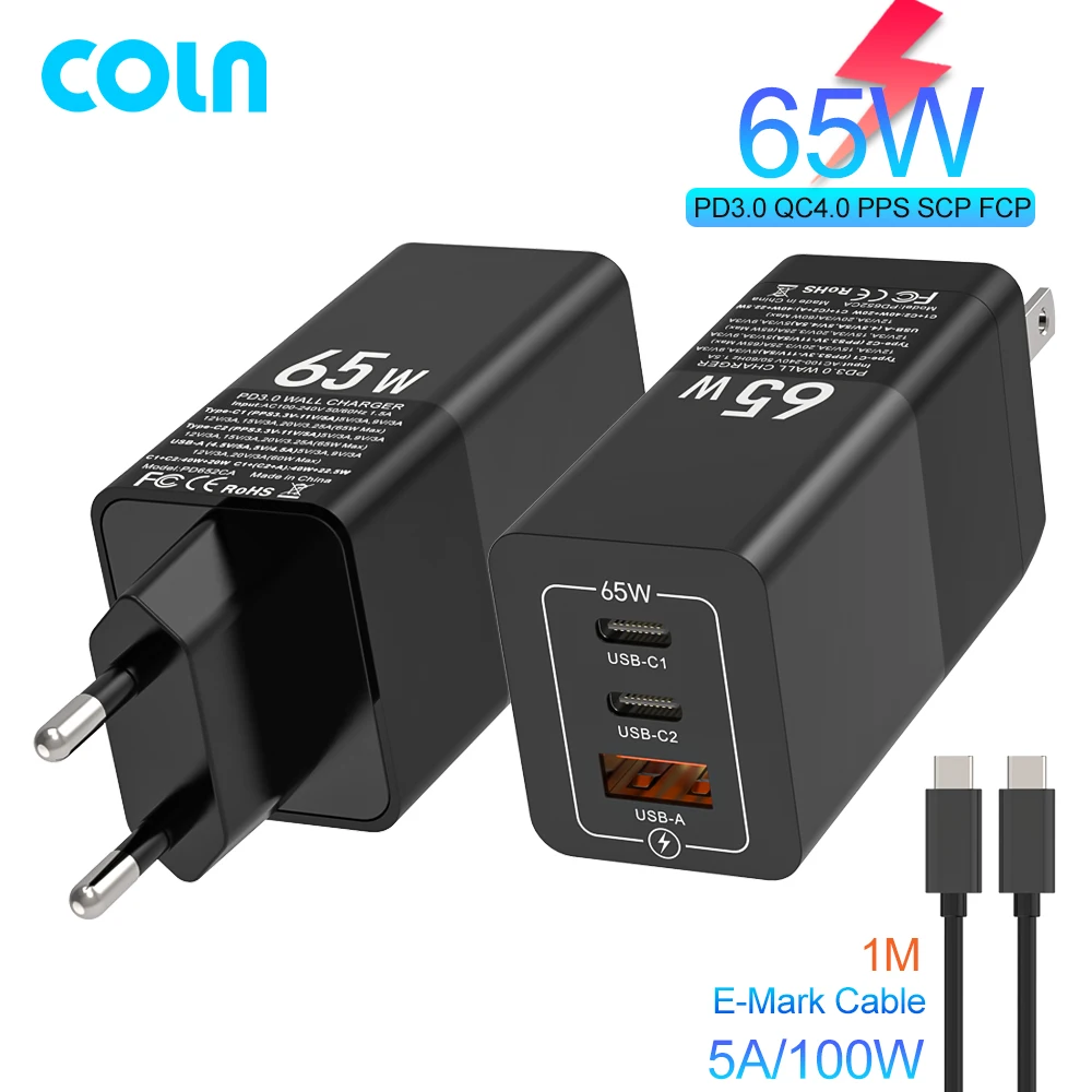 PD65W Ган USB 3 порта быстрой зарядки зарядным устройством типа C QC4.0 0 45W/20W быстрое