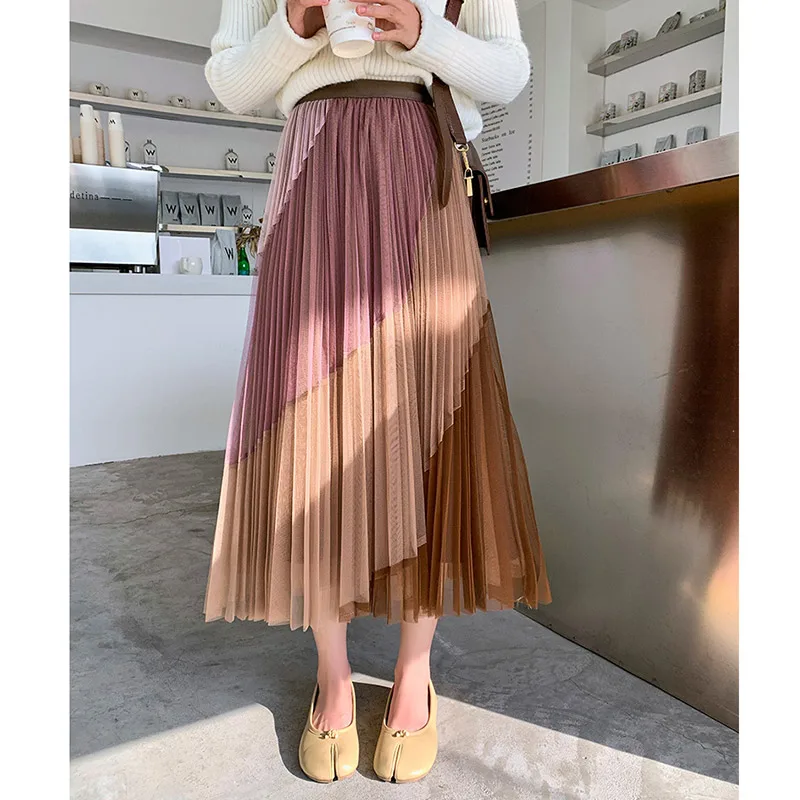

4 Colors Patchwork Mesh Pleated Skirt 2021 Autumn New A Line Elastic High Waist Midi Skirt Faldas Largas Mujer