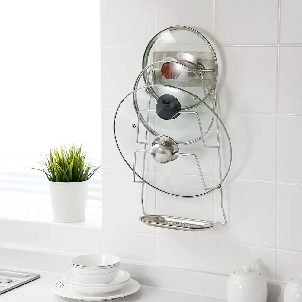 

3 Layers Stainless Steel Kitchen Pot Cover Racks Punch-Free Storage Chopping Board Racks With Tray Kitchen Wall Organizers