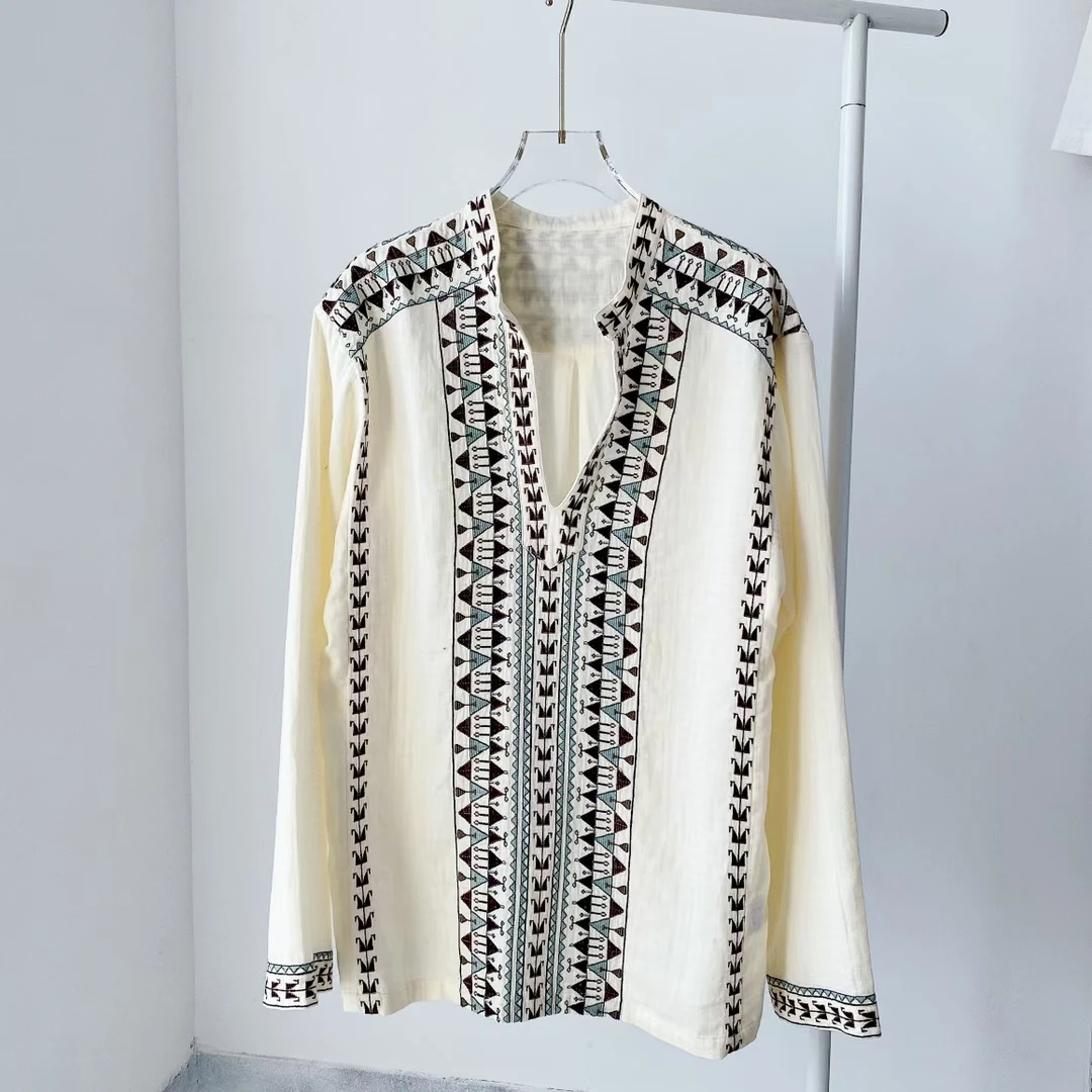 

Women Vintage Embroideried Blouse 100% Cotton V-Neck Long Sleeve Shirt and Tops