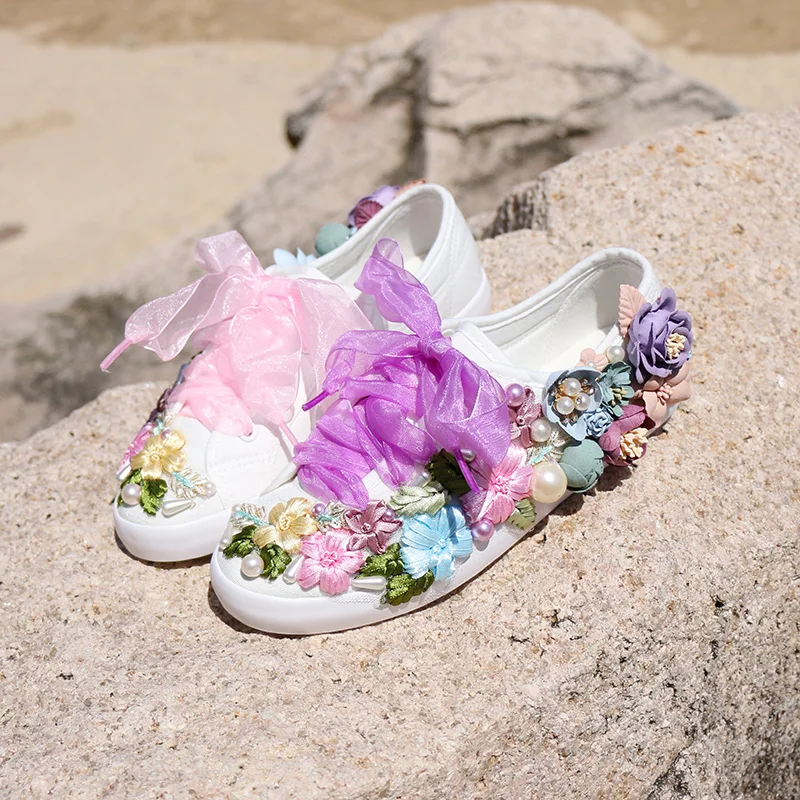 

Womens 3D Flowers DIY Sneakers Canvas Casual Ribbon Lace Up Flats Shoes Girls Low Top White New 2021