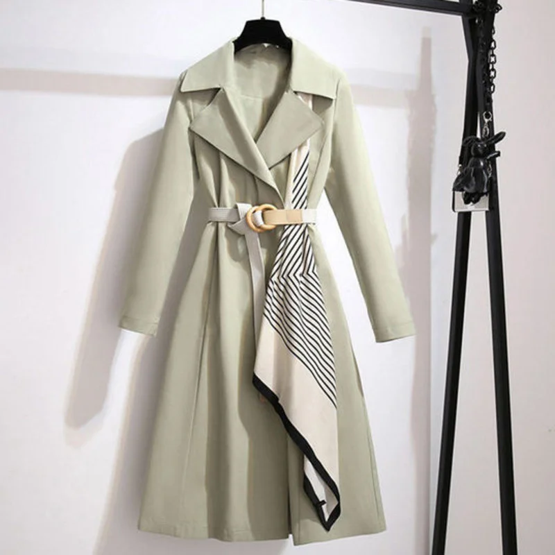 

Fall 2021 Women Trench New British Style Scarf Silk Scarf Trench Coat