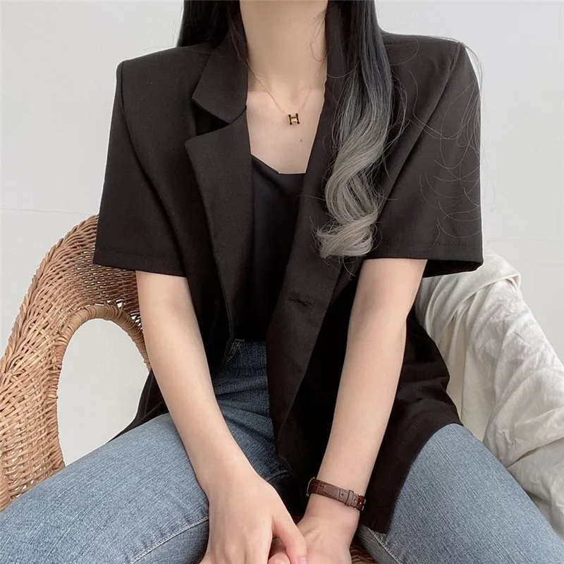 

Fitaylor Summer New Office Lady Notched Neck Single Breasted Blazers Women Casual Short Sleeve Cotton Line Solid Color Coats