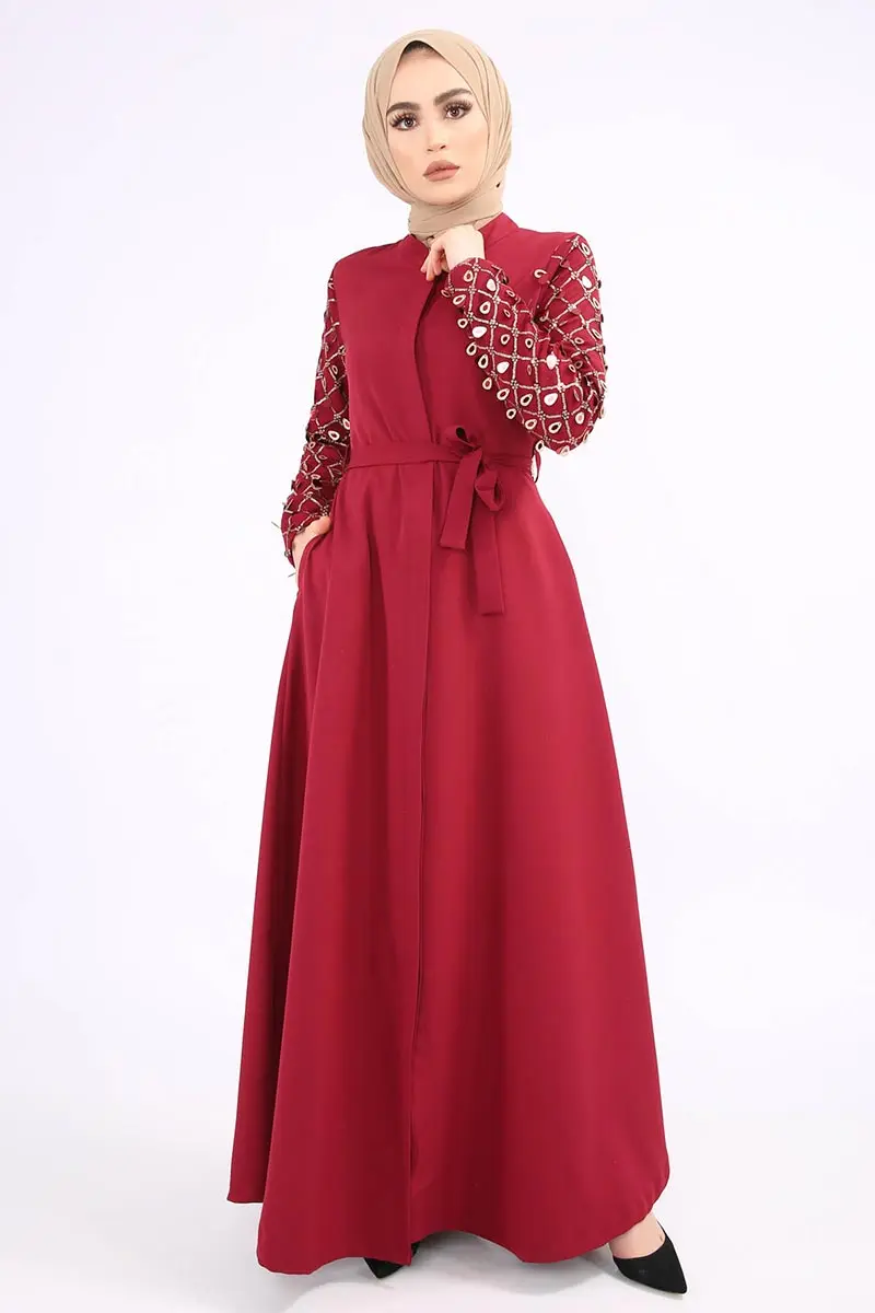Ручки с блестками и Abaya TSD8860 бордовый|Женские плащи тренчи| |