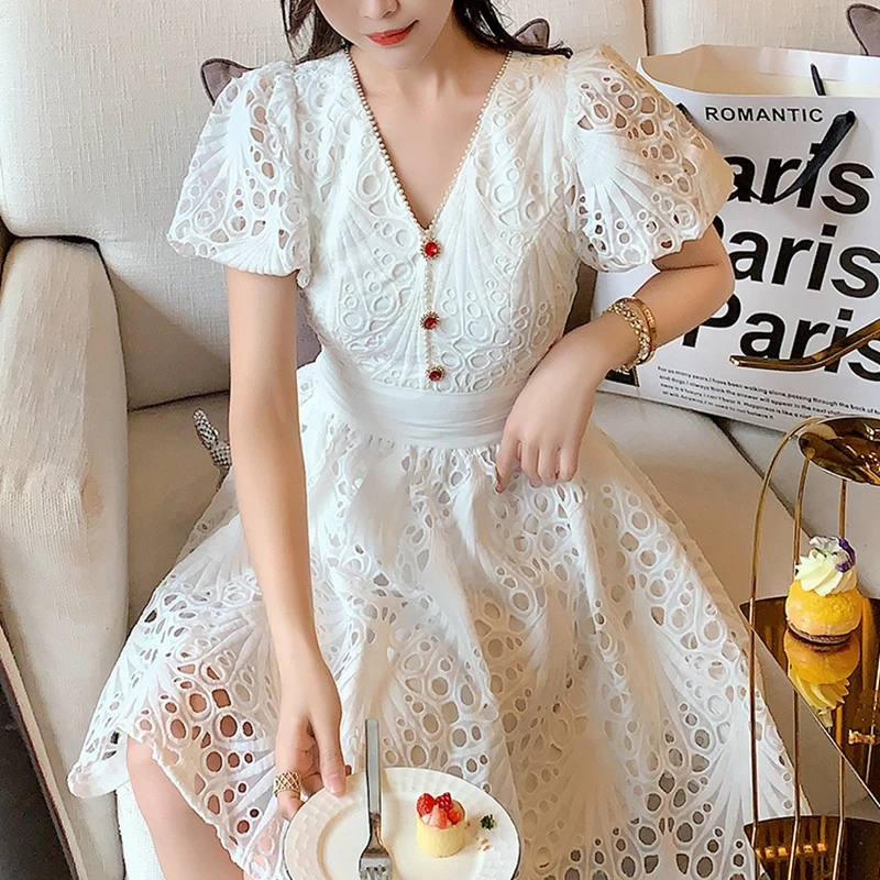 

2021 New Summer Dress Girls White Lace Puff Sleeve Mini Dress Slim A-line Japanese Retro Sweet Princess Women Vestidos