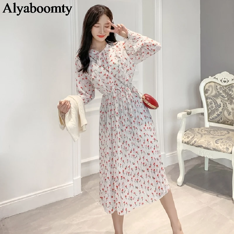 Корейское шикарное осенне весеннее женское длинное платье с бантом и воротником