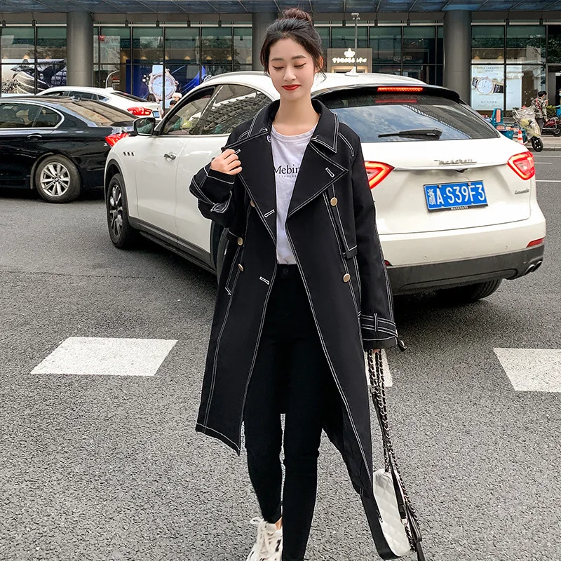 

Chic Women Trench Coat Vintage Black Streetwear Women's Long Outerwear Loose Windbreaker Overcoat with Belt Femme