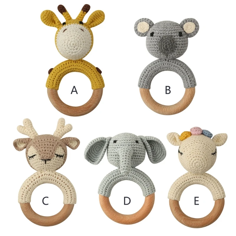 

baby cartoon animal elephant deer teether safety wooden toy teether crib ring DIY crochet rattle pacifier pacifier baby products