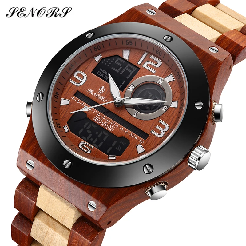 

Мужские часы SENORS с двойным дисплеем, модные роскошные деревянные часы, спортивные водонепроницаемые часы, мужские часы