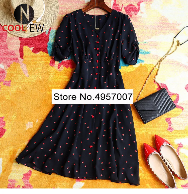 

Elfbop Ladies Red/Black Strawberry Print V-neck Midi Dress With Short Sleeve & Gathering Waist
