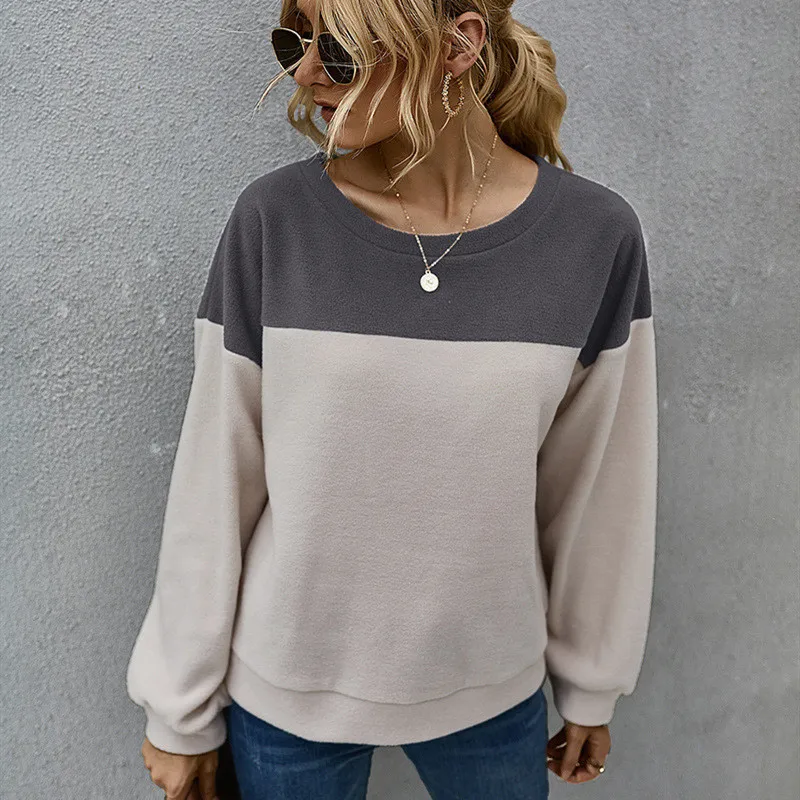 

Casual Elegant Women Tops 2020 Autumn Fashion O-neck Patchwork Lantern Sleeves Clothes Women