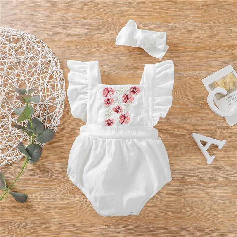 

0-24 Months 2Pcs Toddler Girls Clothing Sets, Flower Embroidery Ruffle Sleeves Backless Cotton Romper + Hairband For Summer