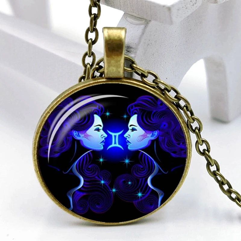 

2020 New Blue 12 Constellation 3 Color Necklace Glass Convex Round Personality Badge Pendant Necklace Gift Wholesale