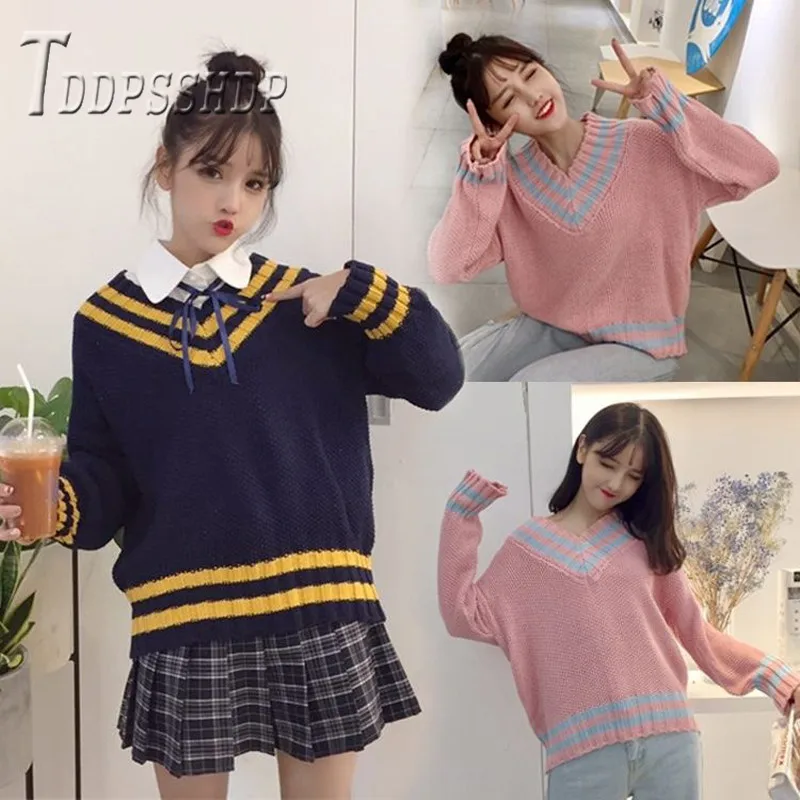 Женский свитер с V-образным вырезом Свободный пуловер в Корейском стиле длинными