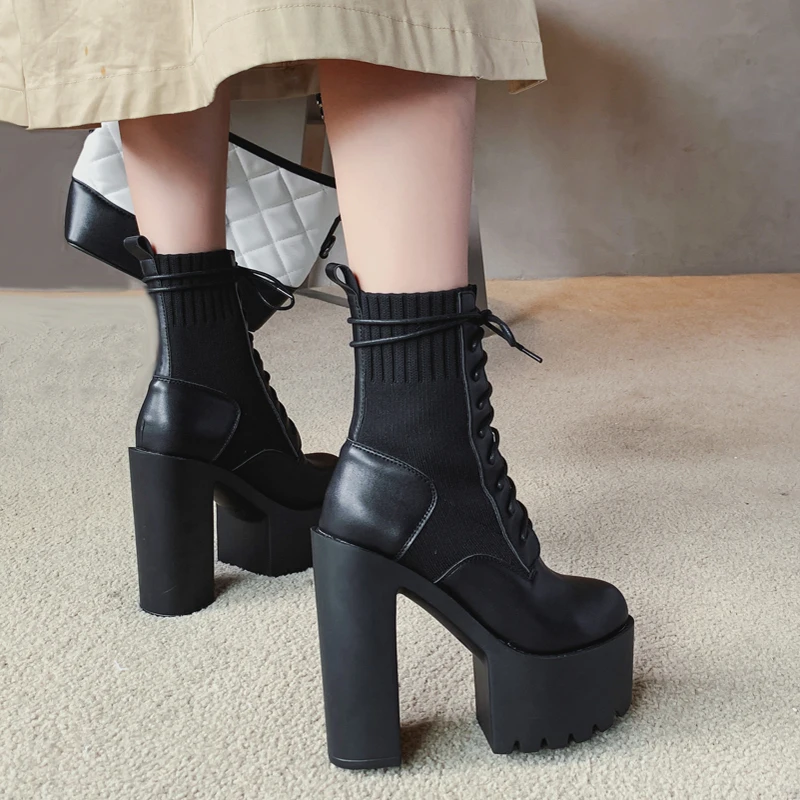 

14cm Heel Boots Autumn Stretch knit Platform Punk High Heels Boots Women Lace Up Ankle Boots Black Shoes Womens Heel Boots