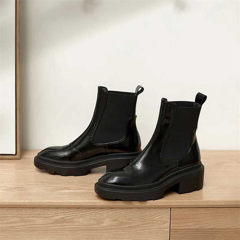 

Meotina Women Chelsea Boots Shoes Real Leather Platform High Heel Short Boots Round Toe Block Heels Ankle Boots Autumn Winter