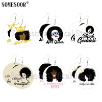 somesoor afro queen black goddess wooden drop earrings double sides print curly hair suga girl african dangle for women gifts