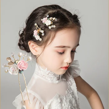 White Pink Crystal Ceramics Flower Leaf Hair Clips Ancient Style Hanfu Accessories Small Hairpin Girl Children Bride Wedding Hea 1