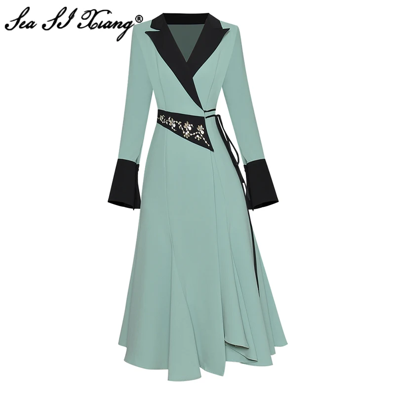 

Seasixiang Fashion Designer Autumn Dress Women Turn-down Collar Flare Sleeve Crystal Beading Hit the Color Midi Dresses