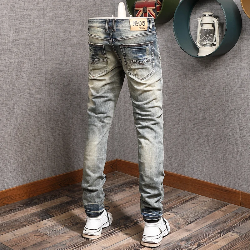 European Vintage Fashion Men Jeans Retro Yellow Distressed Wash Elastic Slim Fit Ripped Jeans Men Designer Casual Denim Pants