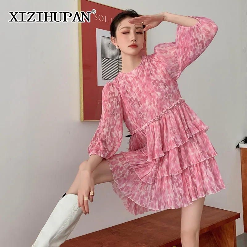 

XIZIHUPAN Sweet Print Dress For Women O Neck Puff Sleeve A Line High Waist Ruched Casual Dresses Female Summer Fashion New 2021