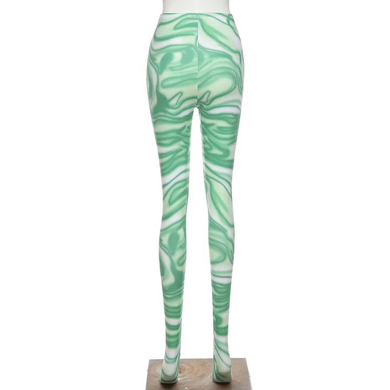 

ALLNeon Y2K Fashion Tie Dye Green Tights 2000s Aesthetics Print High Waist Skinny Leggings Vintage Streetwear Spring Long Pants