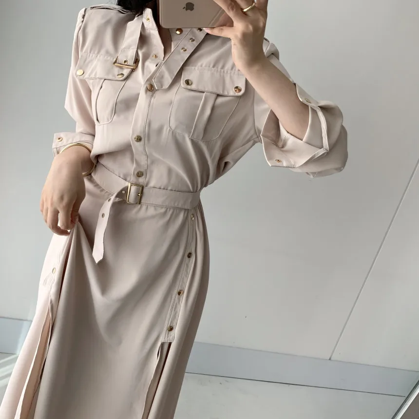

2020 New Autumn Women Dress Vintage Lapel Pocket Maxi Long Dresses Elegant High Waist Slim Was Thin A-Line Party Dress Vestidos