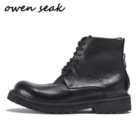 owen seak men casual fur boots high top ankle riding boots retro genuine leather sneaker winter luxury trainers flat black shoes