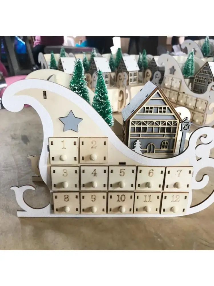 

Tree House Sleigh Wooden Advent Calendar Countdown Christmas Party Decor 24 Drawers with LED Light Ornament 28GF