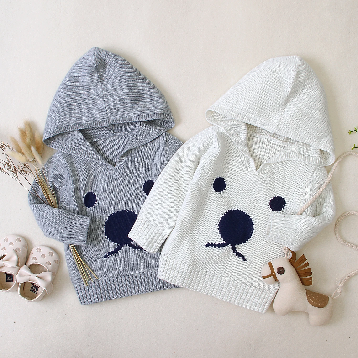 Детский свитер зимний с капюшоном для маленьких девочек Модный вязаный джемпер