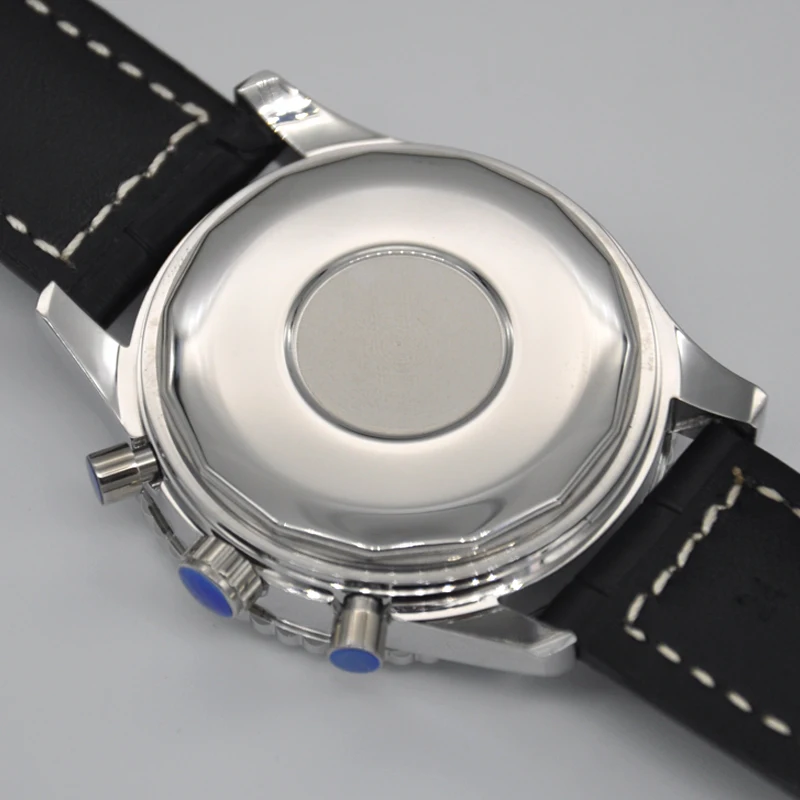 

46MM Corgeut Mens Watches Top Brand Luxury Luminous blue Watch Men Leather Chronograph Quartz Watch For Male clock Auto Date