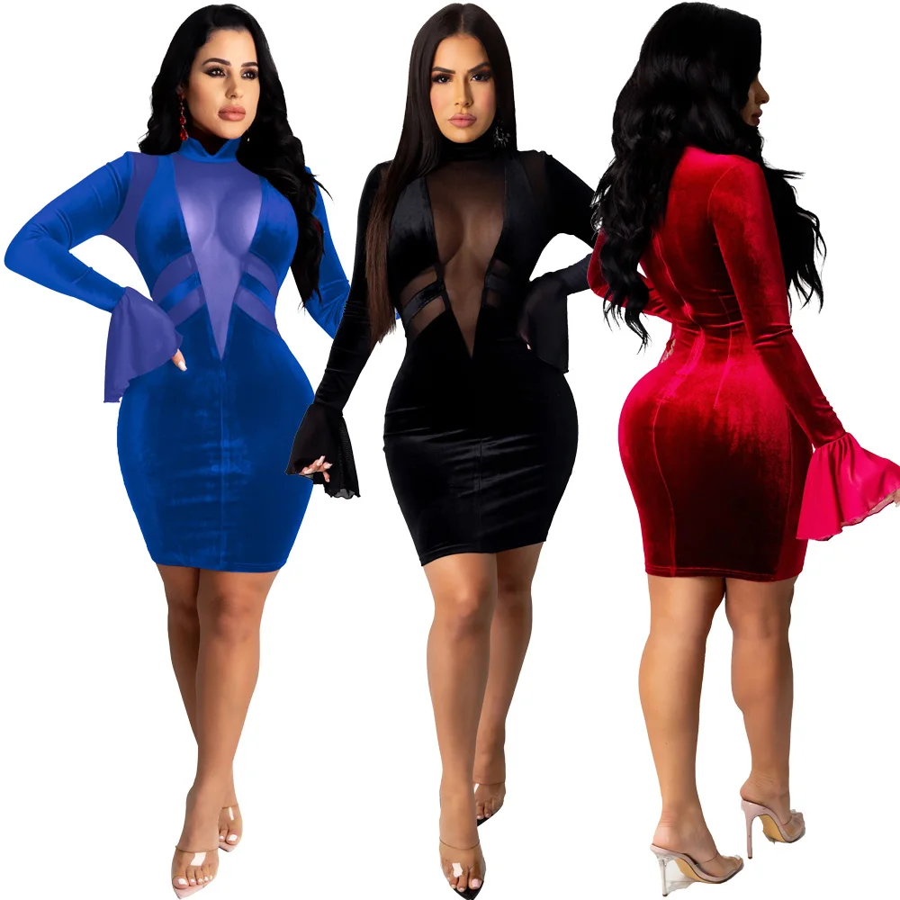 

Spring Autumn Winter Sexy Club Women Mesh Splicing Velvet Long Sleeves Mini Dresses Party Bodycon Slim Woman wrap hip dress