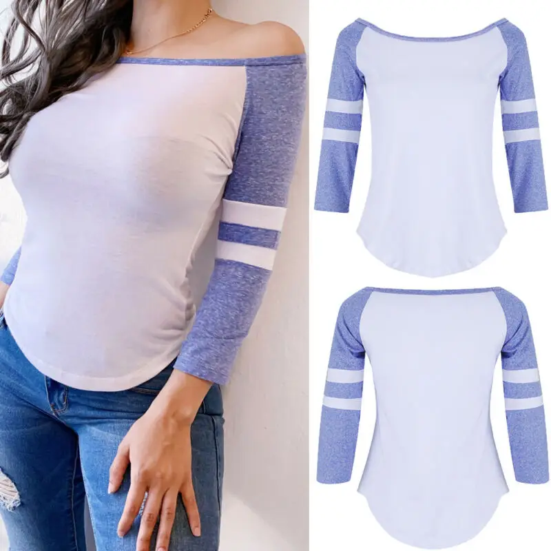 Базовый с длинным рукавом белый и синий полосы женская футболка Женские
