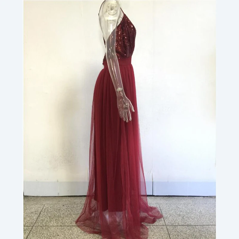 2019 Summer Women Sequined Screen Yarn Spliced Chiffon Dress Suspension Belt Deep V Sexy Bare Back Nightclub Party Dresses | Женская