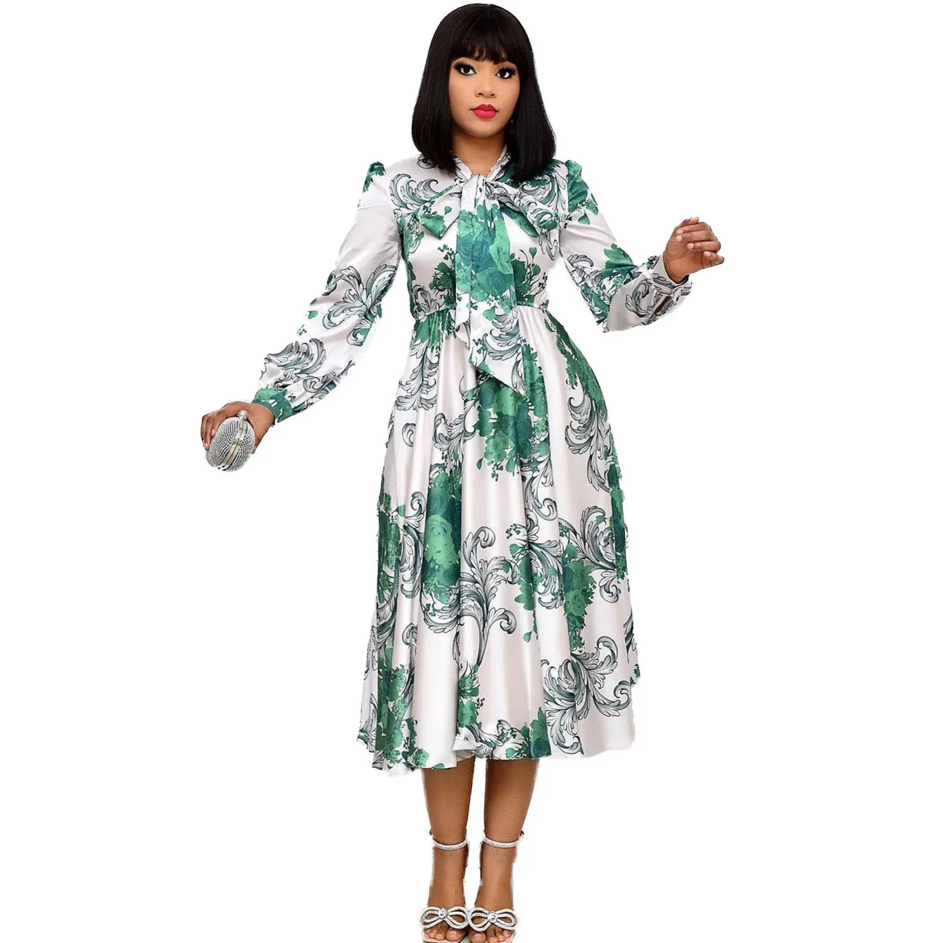

Plus Size Women's European and American Commuter Hu Butterfly Collar Long Sleeve Printed High Waist Mid-length Dress