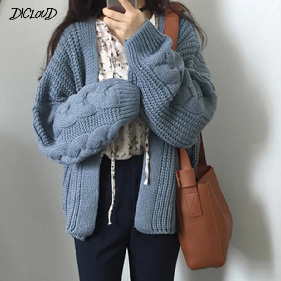 

DICLOUD Solid V-Neck Knit Sweater Women Autumn Korean Long Sleeve Loose Sweater Cardigan Ladies Casual Warm College Winter Coat