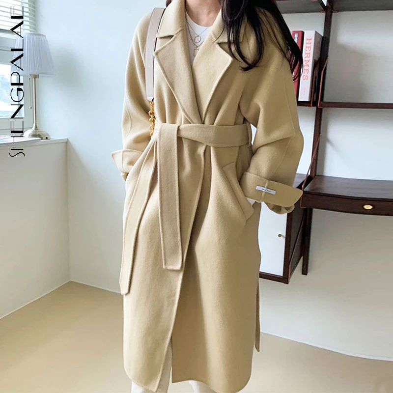 

SHENGPALAE Fashion Solid Color Woolen Coat Women's Winter 2021 New Lapel Loose Belt Long Sleeve Split Fork Overcoat Female Tide