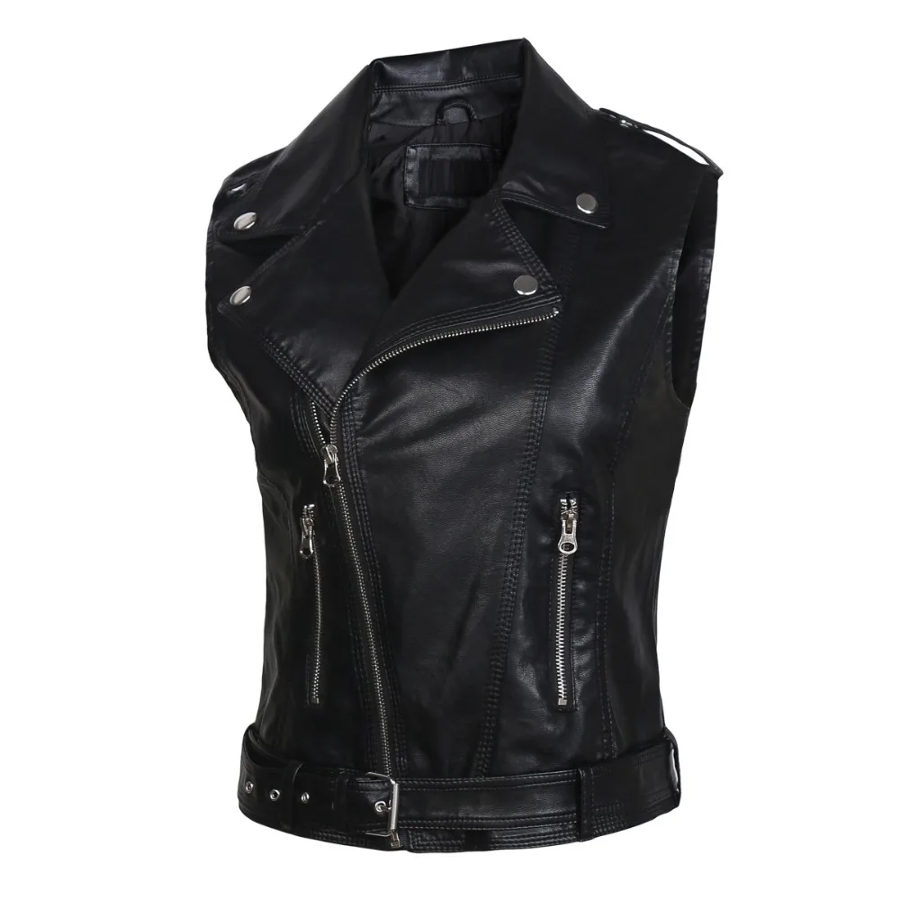 

leather vests women fashion Hot PU leather vest winter belt patterns motorcycle vest slim outerwear Waistcoat Jacket in Stock