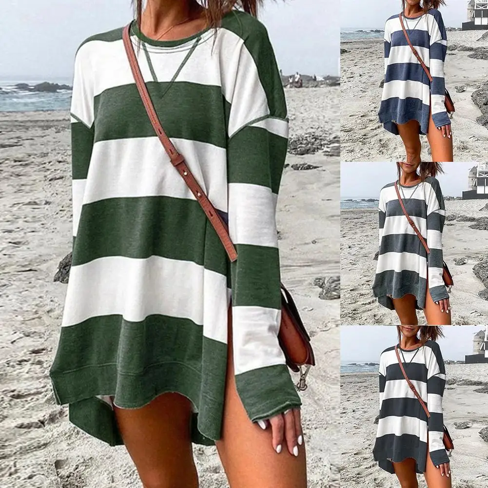 

Women O Neck Long Sleeve Slitting Hem Stripes Print Loose Sweatshirt Mini Dress