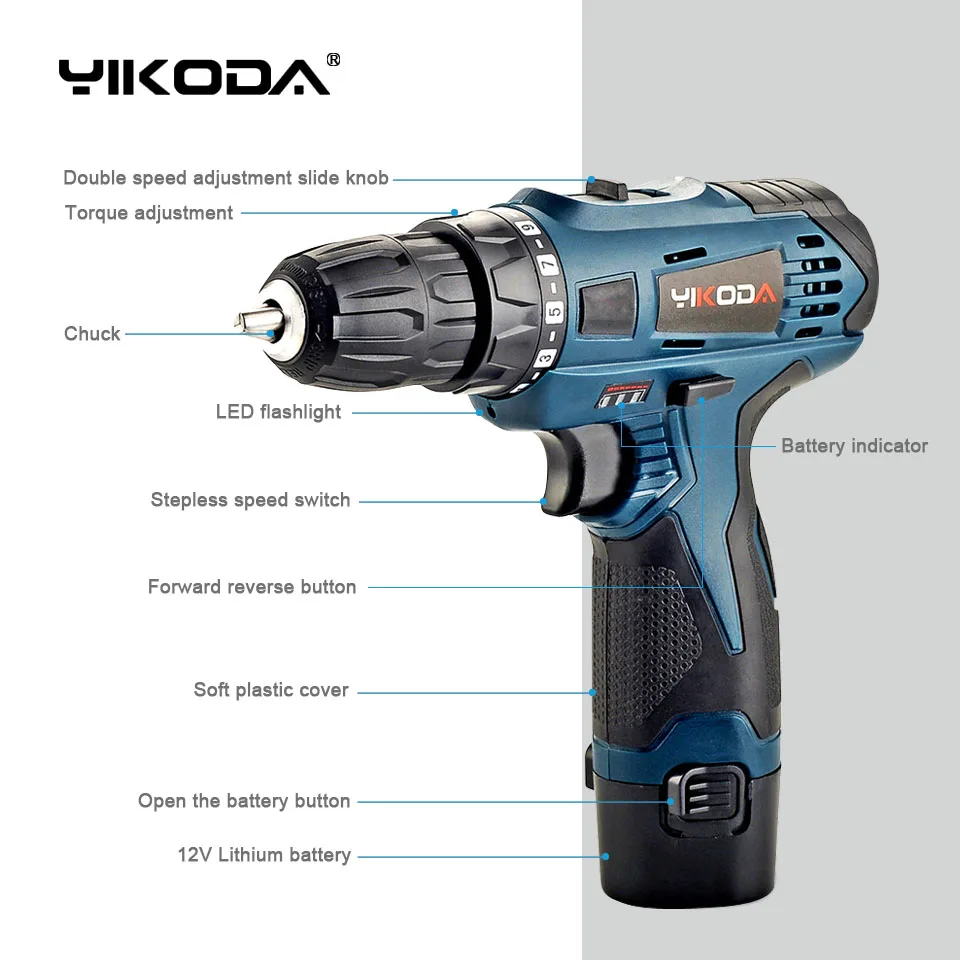 12 В Электрическая дрель перезаряжаемая литиевая батарея двухскоростные