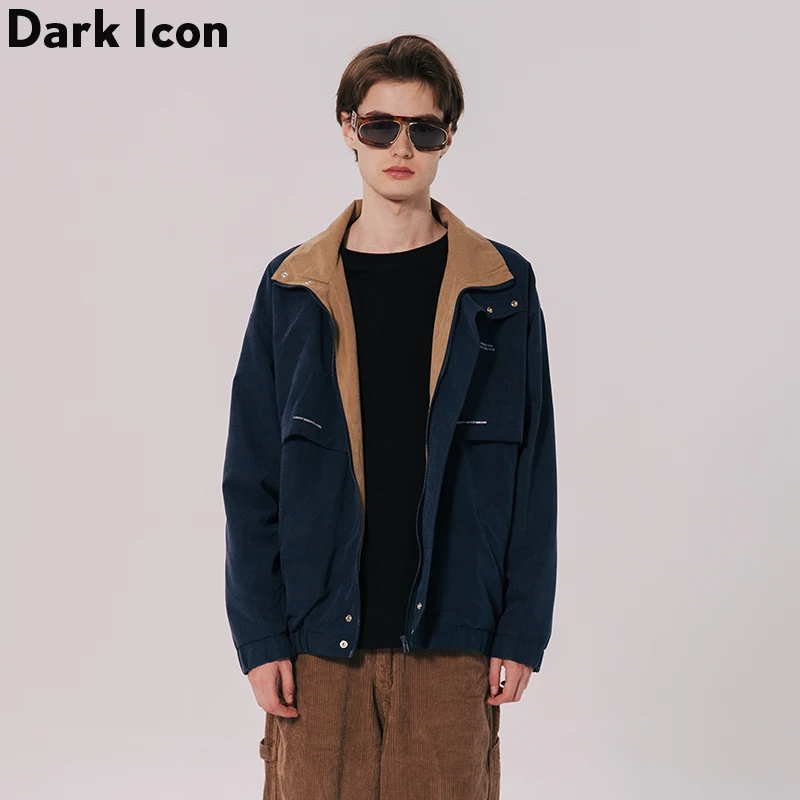 Мужская ветрозащитная куртка с передним карманом и стоячим воротником осенняя