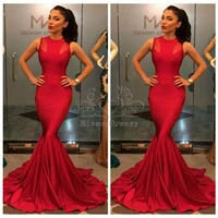 2018 mermaid evening gown sleeveless simple o neck sheer floor length long red popular prom gowns mother of the bride dresses